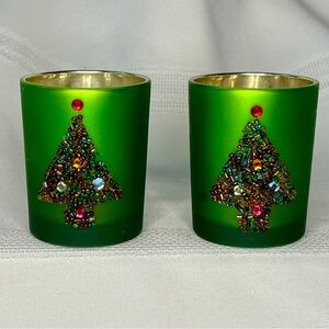 Mercury‎ Glass Candle Holders Frosted Green Rhinestone Beaded Tree EUC VTG GANZ